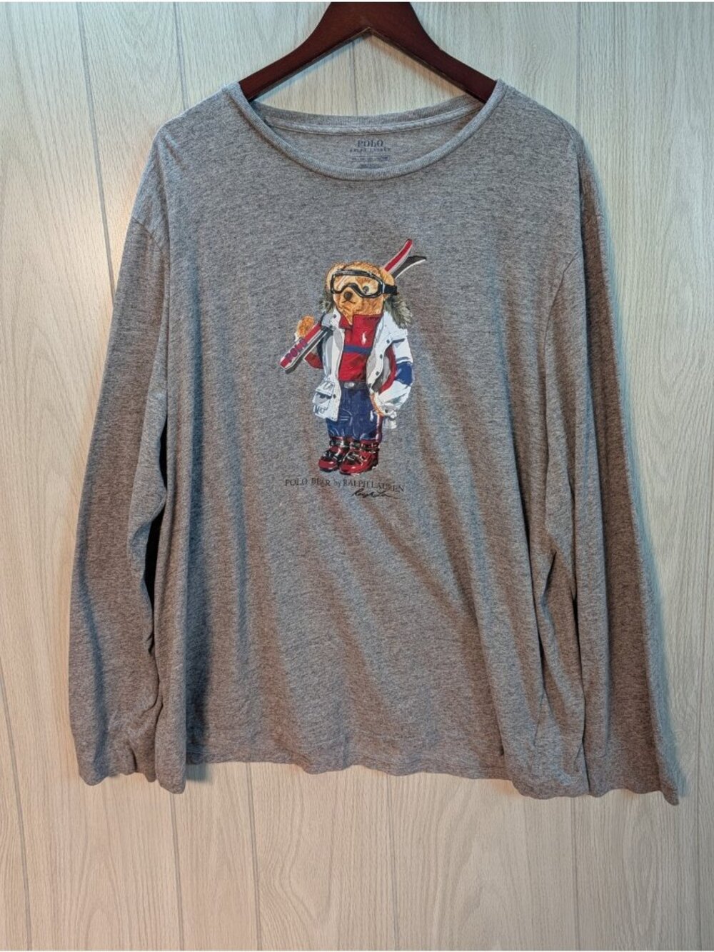 Polo Ralph Lauren Ski Bear Long Sleeve T-Shirt Heather Grey Size XXL 100% Cotton